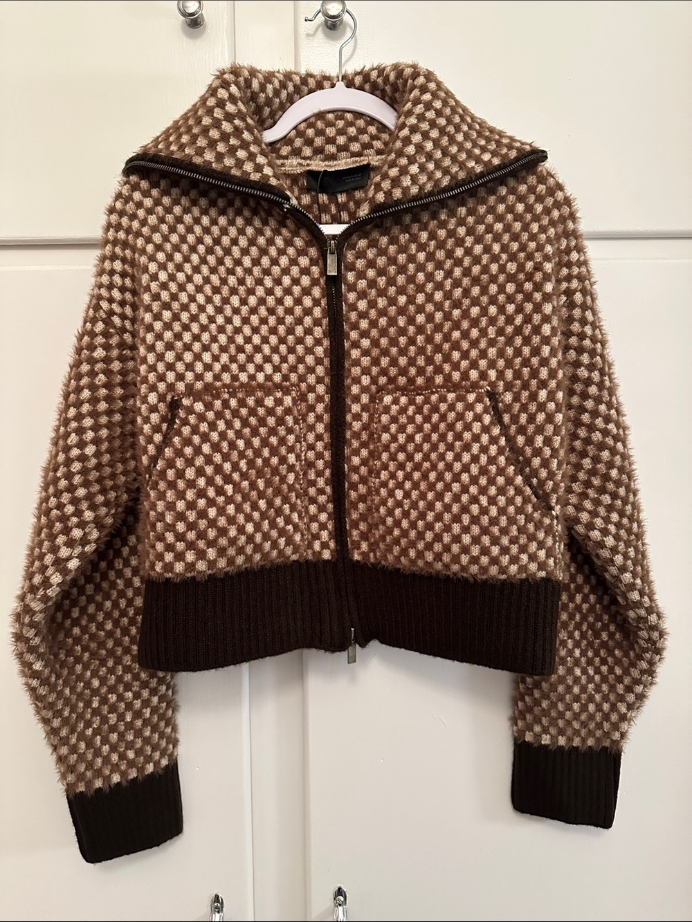 NWT Zara Brown and White Checkered Full Zip Sweater Cropped Hoodie